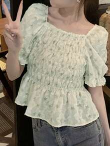 Blusa floral con fruncido bajo con fruncido - verde menta - Ver 3