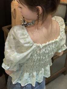 Blusa floral con fruncido bajo con fruncido - verde menta - Ver 4