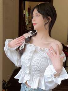 Blusa unicolor de hombros descubiertos ribete con fruncido con fruncido - Blanco - Ver 3