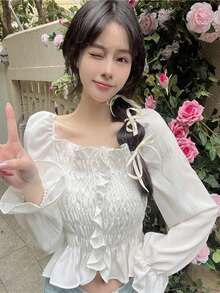 Blusa unicolor de hombros descubiertos ribete con fruncido con fruncido - Blanco - Ver 4