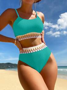 Swim Vcay Swim Suits For Women Summer Beach Chevron Tape Rib High Waisted Bikini Set - Blue - View 1