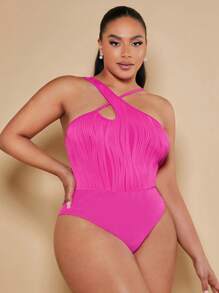 SHEIN BAE 大碼前交叉連體衣 - 玫紅色 - 查看 5