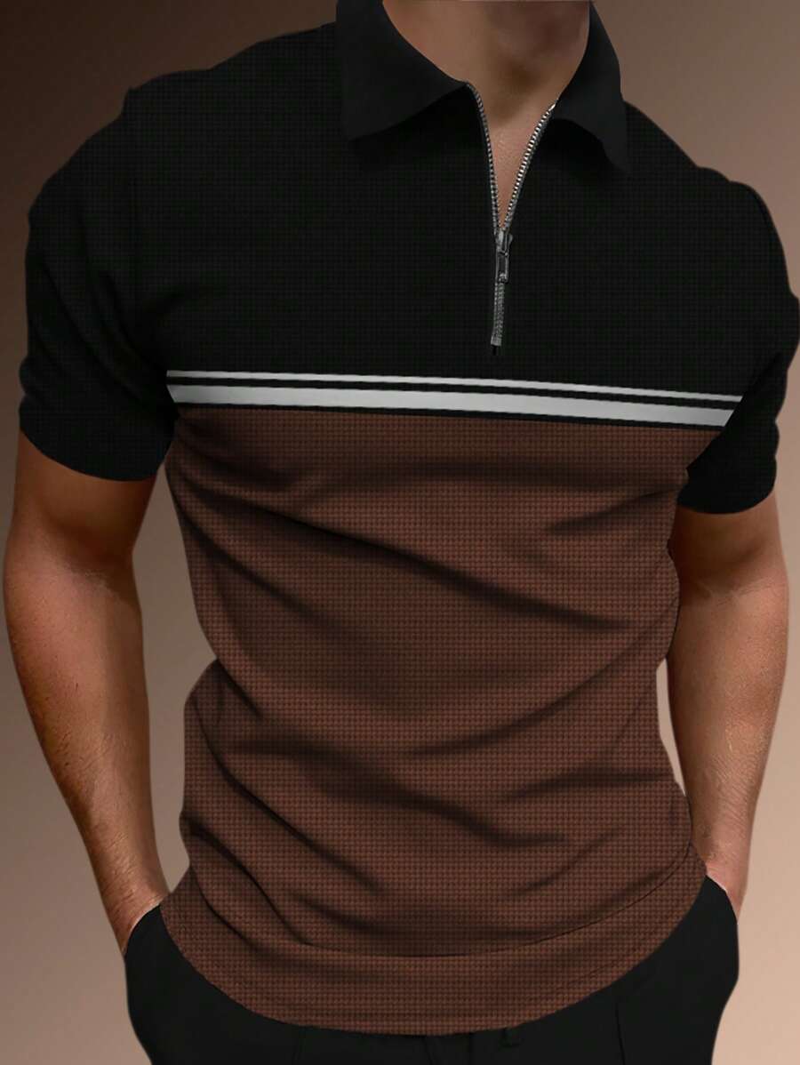 Manfinity Homme 男士撞色條紋織帶細節1/4拉鍊POLO衫