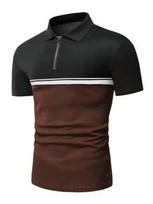 Manfinity Homme 男士撞色條紋織帶細節1/4拉鍊POLO衫