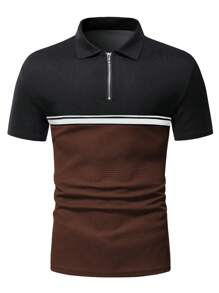 Manfinity Homme 男士撞色條紋織帶細節1/4拉鍊POLO衫