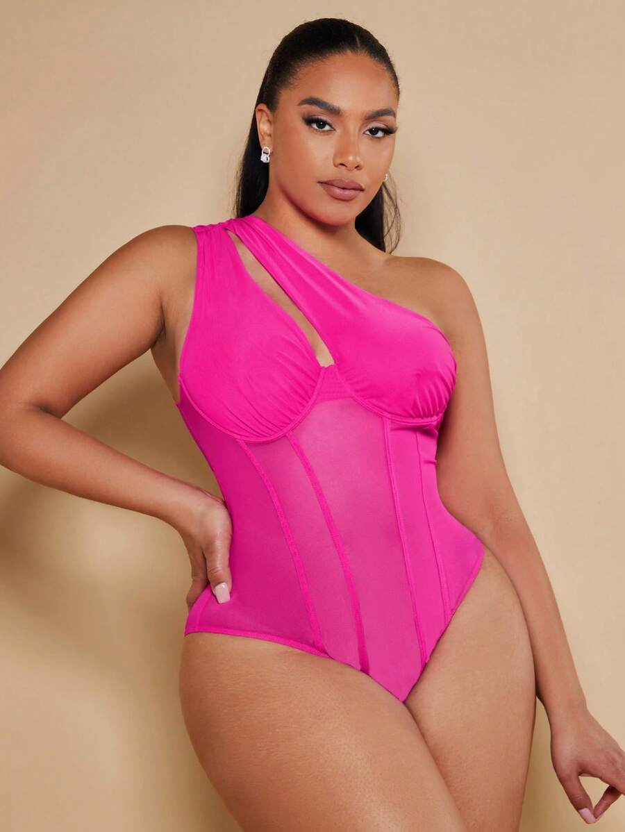 SHEIN BAE Plus One Shoulder Cut Out Mesh Panel Ruched Bustier Bodysuit
