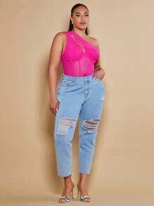 SHEIN BAE Plus One Shoulder Cut Out Mesh Panel Ruched Bustier Bodysuit