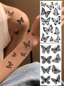 Kit de tatuajes temporales con diseño de mariposa, set de 2 hojas de calcomanías de tatuajes a prueba de agua para niños, maquillaje y decoración de fiestas con temática de festival/Y2k - Negro - Ver 1
