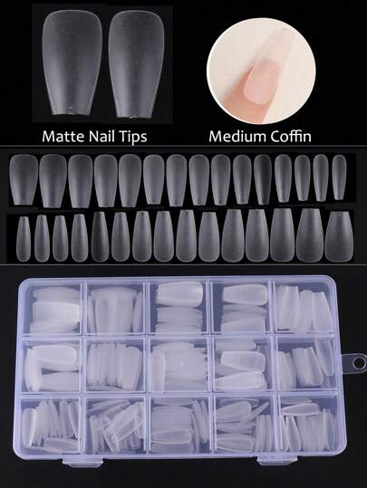 300pcs ロング コフィン マット フルカバー フェイク ネイル 収納ボックス付き