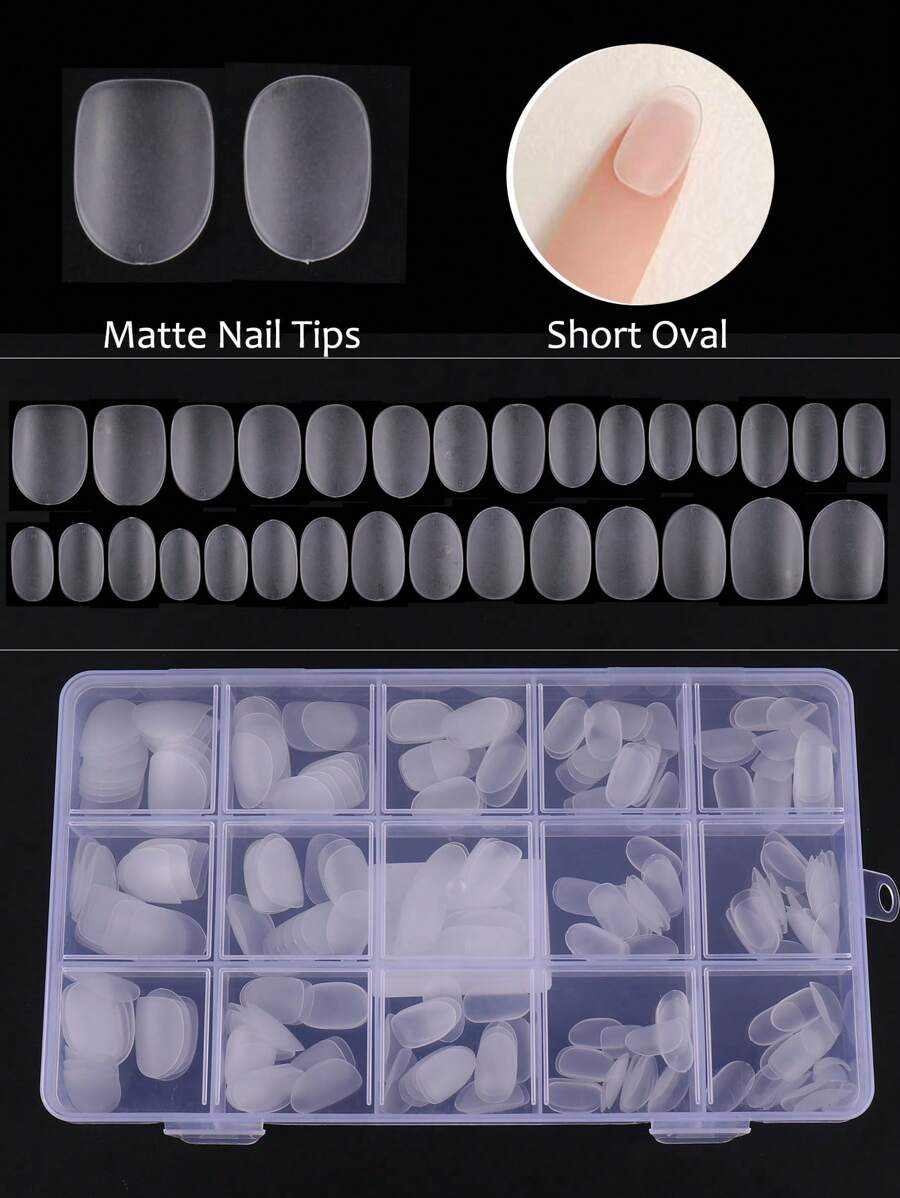 FULL BEAUTY Elevate Your Style With 300pcs Short Oval Clear Matte Frosted Full Cover Fake Nail With Storage Box Press On Nails Nail Supplies - Clear - View 1