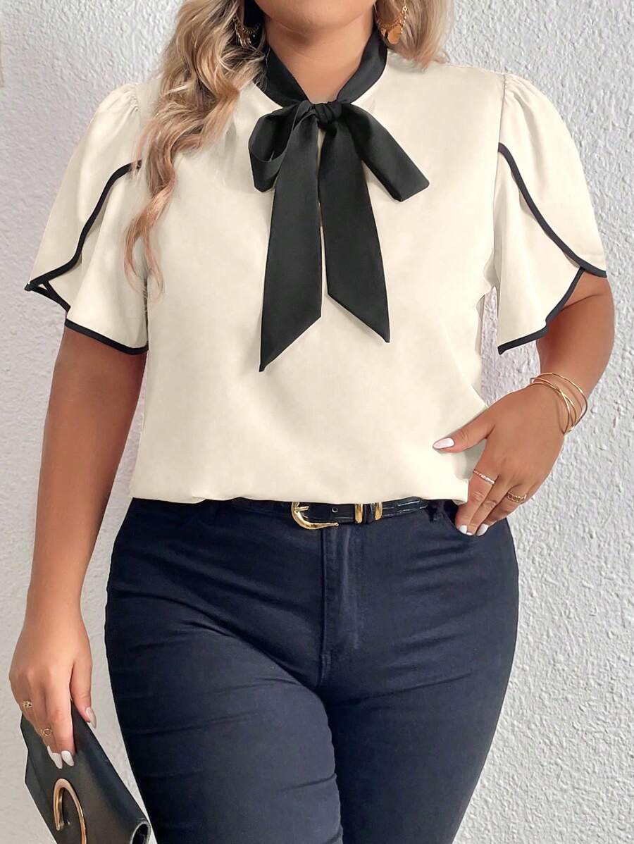 Elenzga Plus Contrast Binding Tie Neck Petal Sleeve Blouse