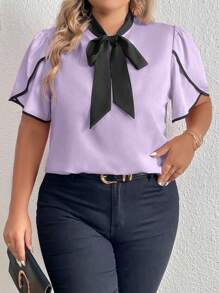 Celure Plus Contrast Binding Tie Neck Petal Sleeve Blouse - Lilac Purple - View 1