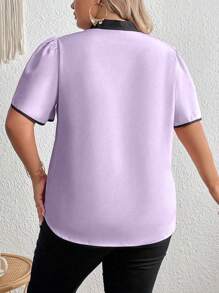 Celure Plus Contrast Binding Tie Neck Petal Sleeve Blouse - Lilac Purple - View 2