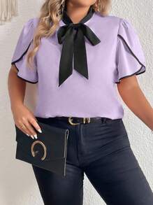 Celure Plus Contrast Binding Tie Neck Petal Sleeve Blouse - Lilac Purple - View 3