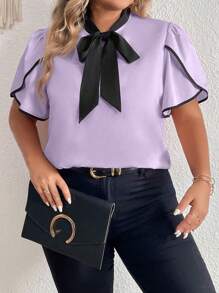 Celure Plus Contrast Binding Tie Neck Petal Sleeve Blouse - Lilac Purple - View 4