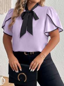 Celure Plus Contrast Binding Tie Neck Petal Sleeve Blouse - Lilac Purple - View 6