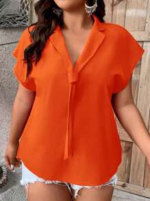 SHEIN Clasi Áo sơ mi Plus Size màu trơn Giải trí - Màu Cam cháy - Xem 3