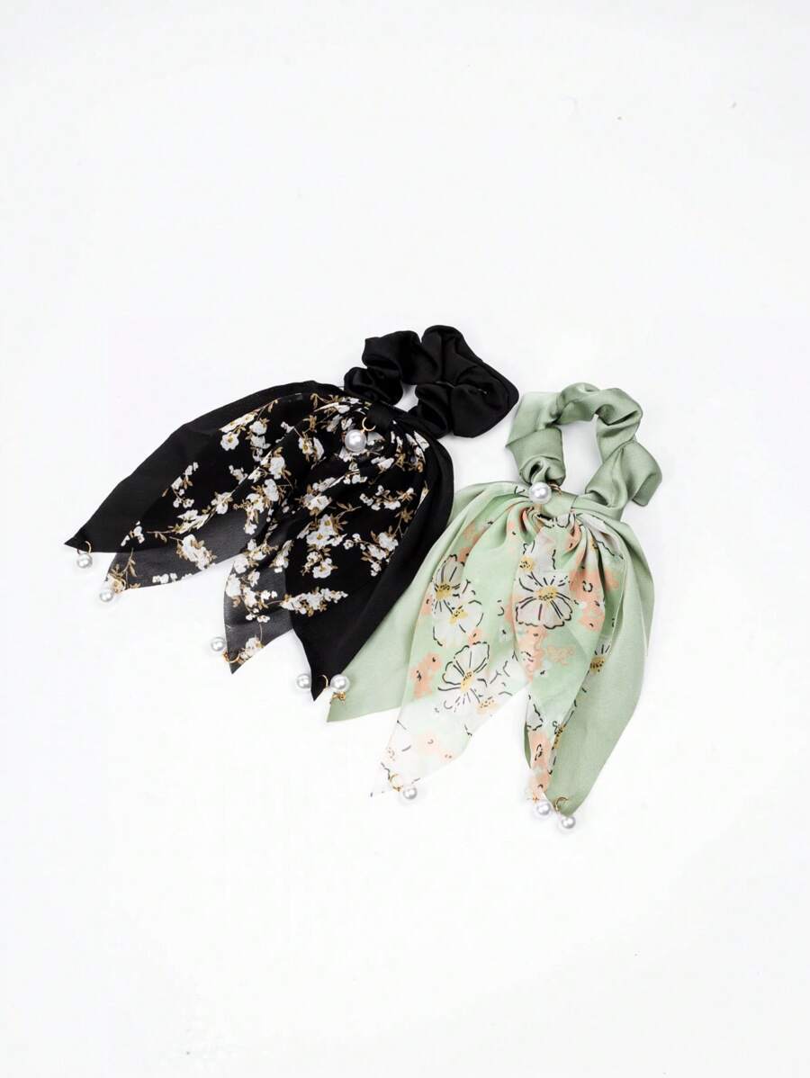 2入組女性印花人造珍珠和蝴蝶結裝飾時尚飄帶髮圈適用於頭髮裝飾用品