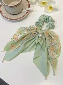 2入組女性印花人造珍珠和蝴蝶結裝飾時尚飄帶髮圈適用於頭髮裝飾用品