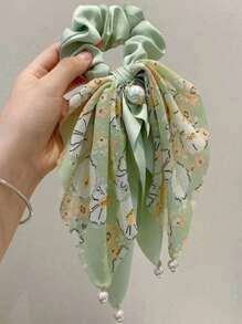 2入組女性印花人造珍珠和蝴蝶結裝飾時尚飄帶髮圈適用於頭髮裝飾用品