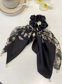 2入組女性印花人造珍珠和蝴蝶結裝飾時尚飄帶髮圈適用於頭髮裝飾用品