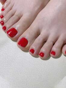 Instantly Upgrade Your Look with 24pcs Medium Square Solid Red Plain Glossy Fake Toenail & 1pc Nail File & 1sheet Tape - Red - View 1