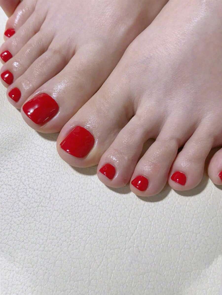 Instantly Upgrade Your Look with 24pcs Medium Square Solid Red Plain Glossy Fake Toenail & 1pc Nail File & 1sheet Tape - Red - View 1
