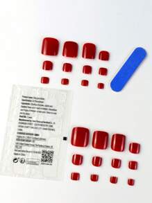 Instantly Upgrade Your Look with 24pcs Medium Square Solid Red Plain Glossy Fake Toenail & 1pc Nail File & 1sheet Tape - Red - View 2