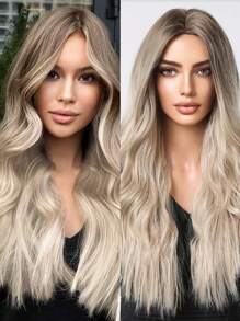 Tóc giả nữ dài gợn sóng tổng hợp màu nâu ombre tóc giả màu vàng phần giữa cosplay tiệc tóc giả chịu nhiệt - Ombre - Xem 1