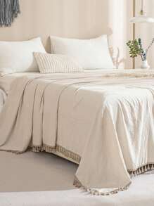 1入組素色流蘇裝飾床單現代家居床單 - 白色 - 查看 4