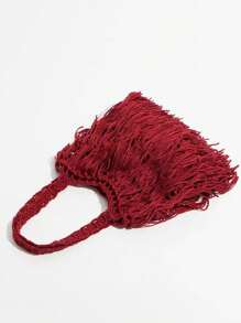 女士單肩包編織針織手提包夏天流蘇包 - 酒紅色 - 查看 2