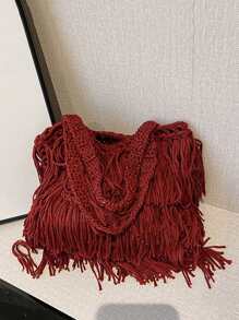 女士單肩包編織針織手提包夏天流蘇包 - 酒紅色 - 查看 4