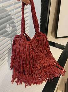 女士單肩包編織針織手提包夏天流蘇包 - 酒紅色 - 查看 5