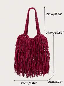 女士單肩包編織針織手提包夏天流蘇包 - 酒紅色 - 查看 7