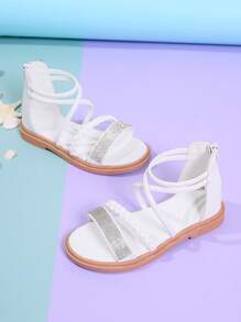 Girls Braided Detail Rhinestone Decor High-top Gladiator Sandals For Outdoor - White - View 1