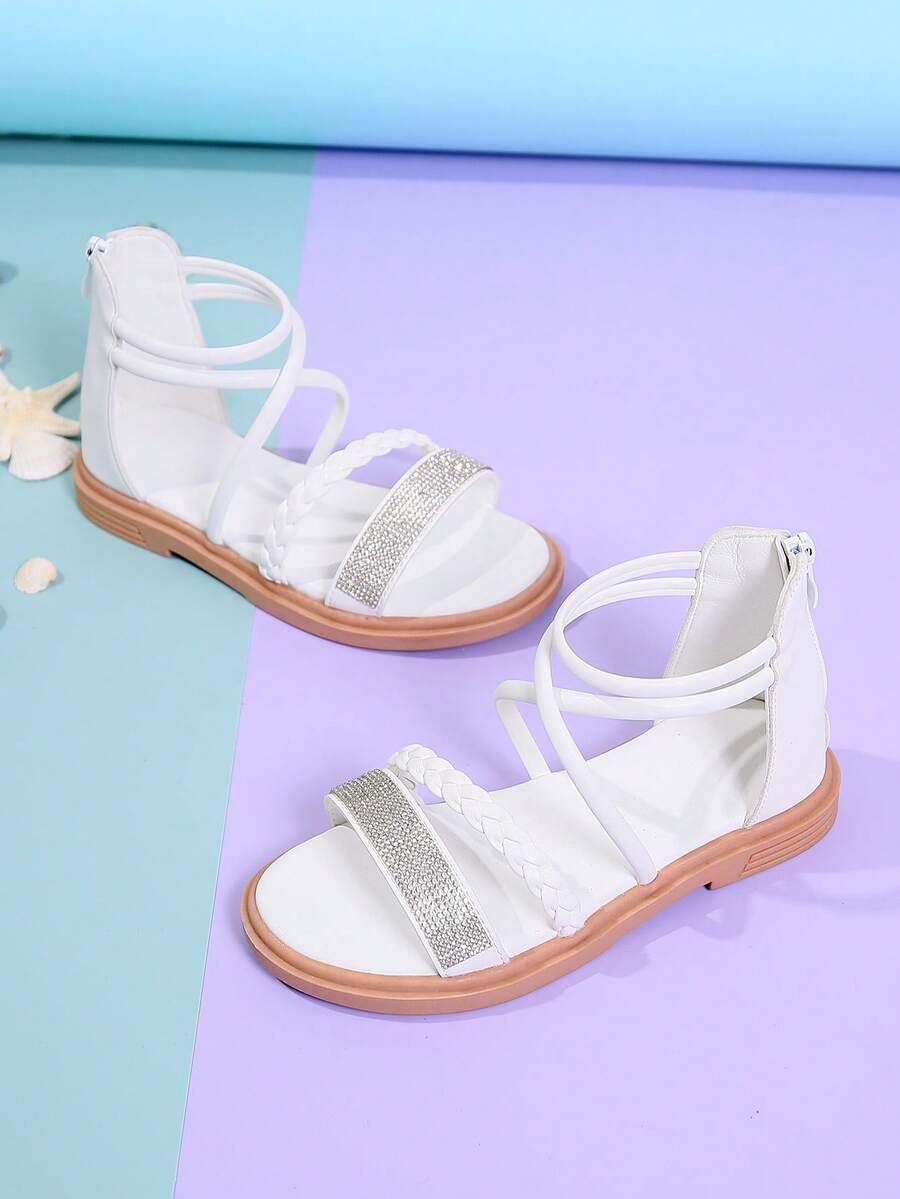 Girls Braided Detail Rhinestone Decor High-top Gladiator Sandals For Outdoor - White - View 1