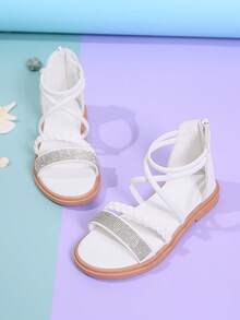 Girls Braided Detail Rhinestone Decor High-top Gladiator Sandals For Outdoor - White - View 4