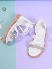 Girls Braided Detail Rhinestone Decor High-top Gladiator Sandals For Outdoor - White - View 5