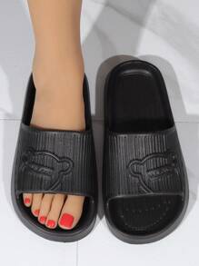 Women Cartoon Pattern Single Band Slides, Fashion Bathroom EVA Slides - Black - View 1