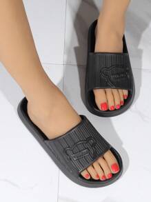 Women Cartoon Pattern Single Band Slides, Fashion Bathroom EVA Slides - Black - View 2