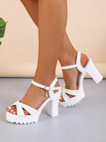 女士优雅白色凉鞋，镶钻交叉厚底粗跟踝带凉鞋，春夏穿搭 - 白色 - 查看 3