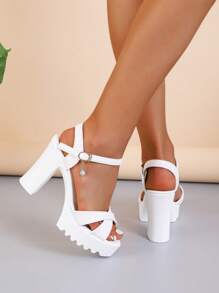 女士优雅白色凉鞋，镶钻交叉厚底粗跟踝带凉鞋，春夏穿搭 - 白色 - 查看 7