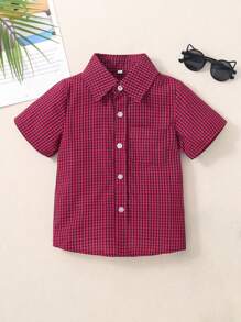 小男童格子圖案口袋貼布襯衫 - 紅色 - 查看 1