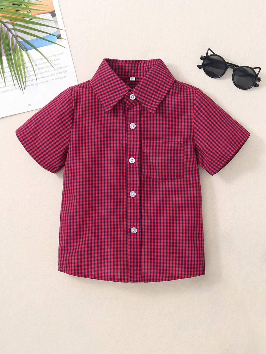 小男童格子圖案口袋貼布襯衫 - 紅色 - 查看 1