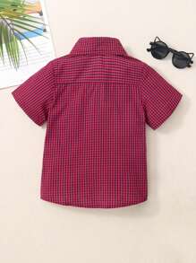 小男童格子圖案口袋貼布襯衫 - 紅色 - 查看 2