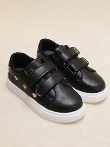 Girls Hook-and-loop Fastener Litchi Embossed Heart Embroidered Casual Skate Shoes For Outdoor - Black - View 4