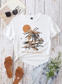 SHEIN LUNE Áo thun nữ Lá thư Nhiệt đới Giải trí - trắng - Xem 1