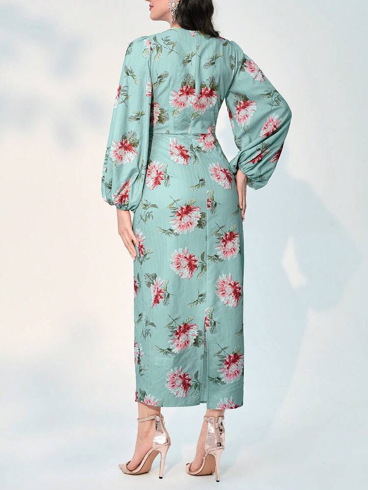 Floral Print Lantern Sleeve Split Back Dress Long Evening Dresses