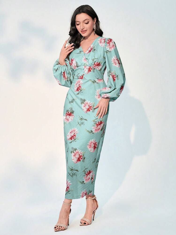 Floral Print Lantern Sleeve Split Back Dress Long Evening Dresses