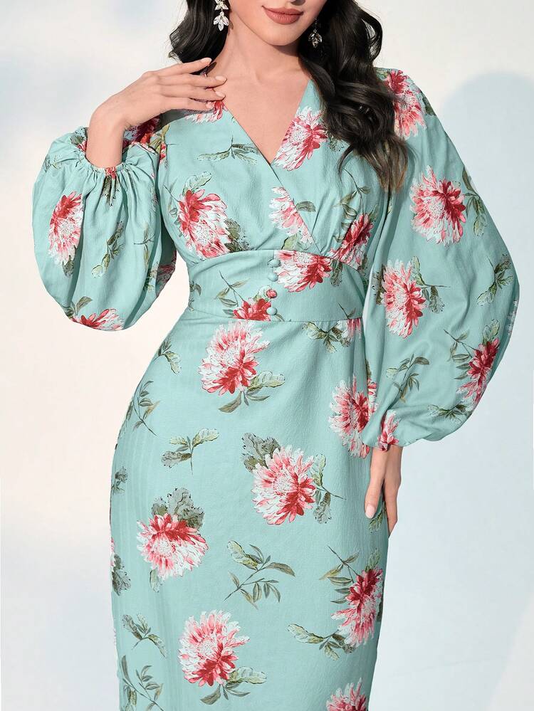 Floral Print Lantern Sleeve Split Back Dress Long Evening Dresses